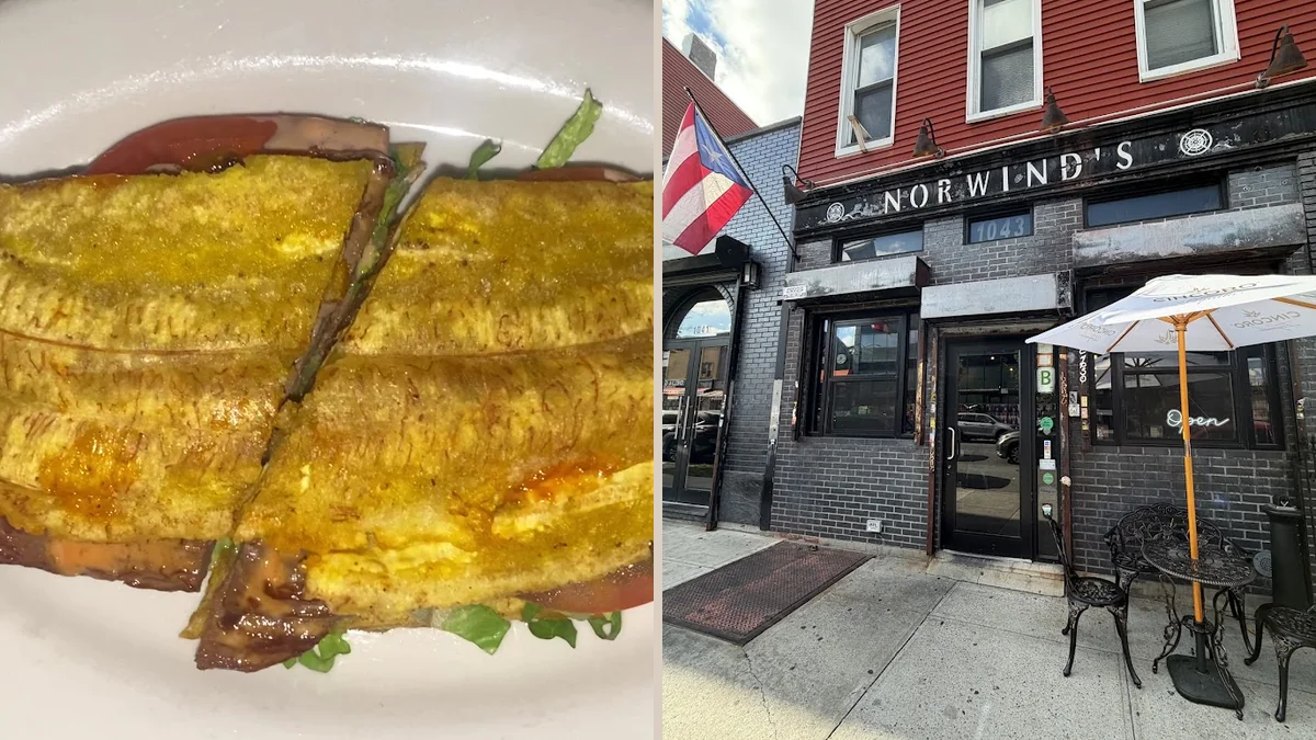 Comfort food plates inside a Brooklyn restaurant setting.