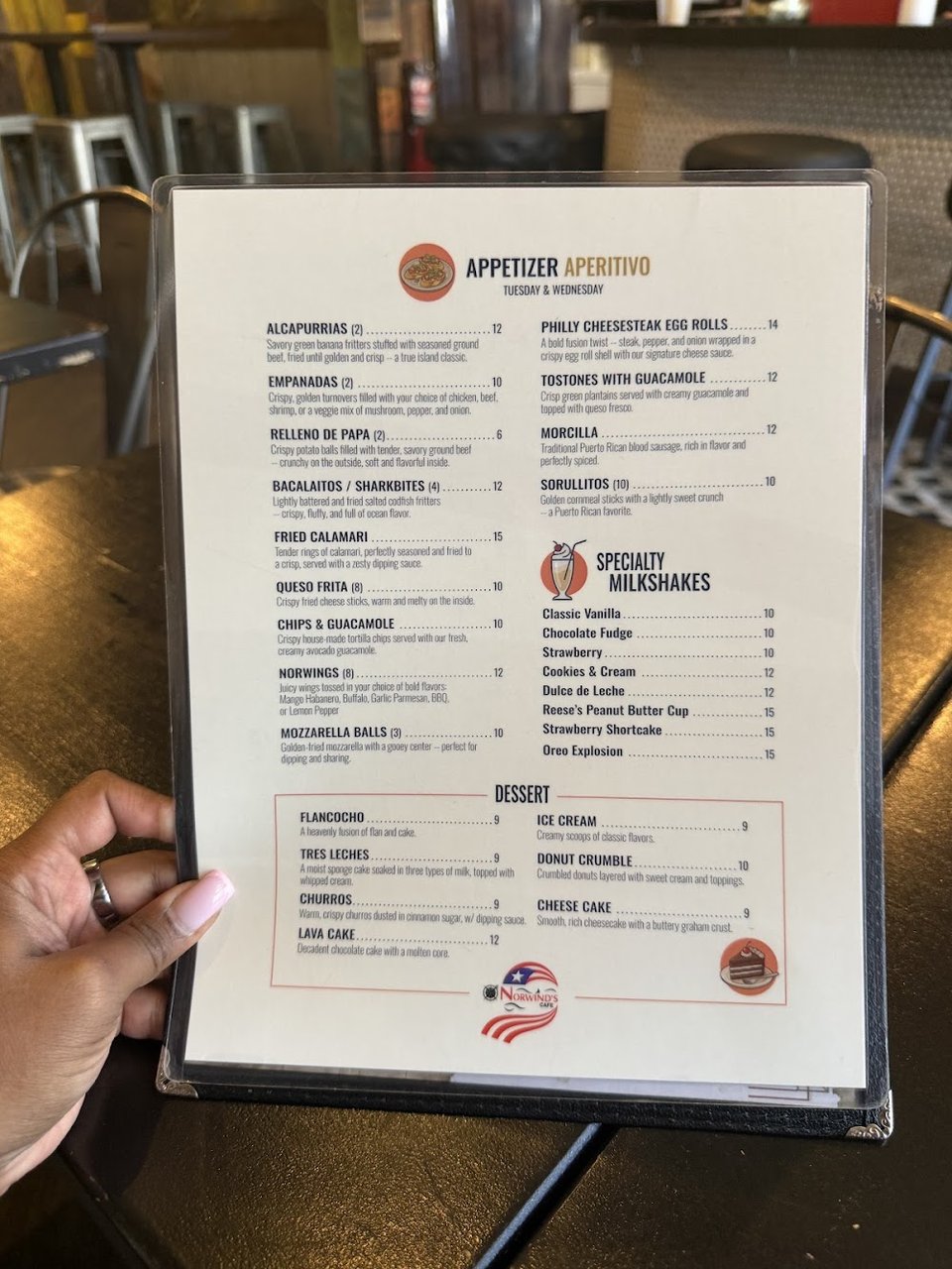 Menu page showing brunch, desserts, and drinks.